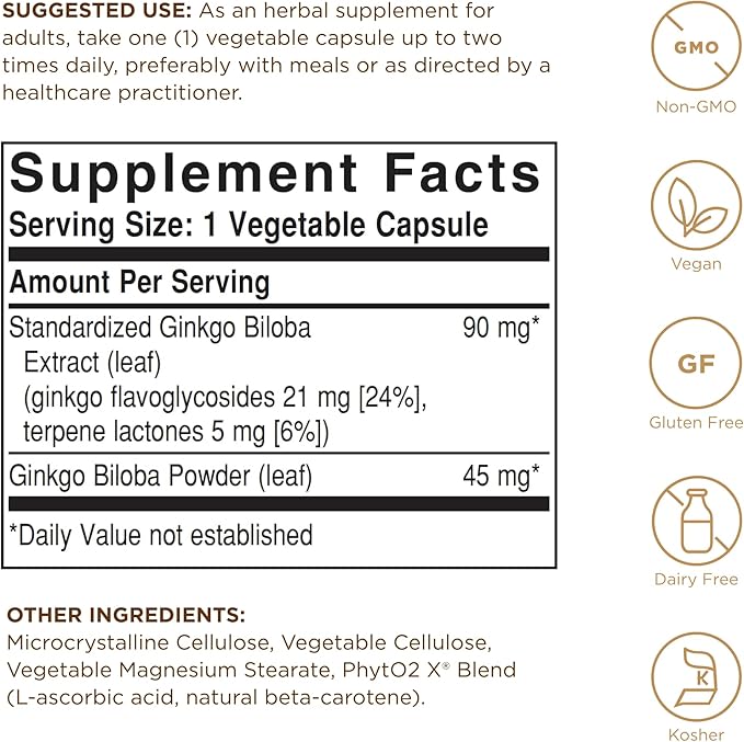 Solgar Ginkgo Biloba Leaf Extract - 180 Vegetable Capsules - Standardized Full Potency (SFP) - Non-GMO, Vegan, Gluten Free, Dairy Free, Kosher - 180 Servings