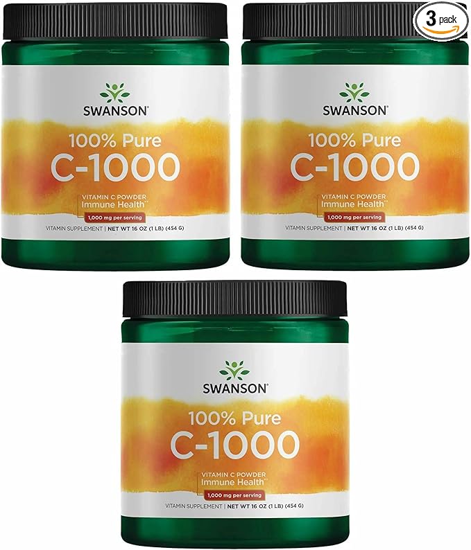 Swanson Vitamin C Powder 100% Pure Ascorbic Acid, Immune System Support, Skin Health, Cardiovascular Health, Antioxidant Supplement 1000 mg (per Serving) 1 lb. 454 g (3 Pack)