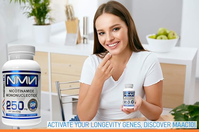 MAAC10 NMN Supplement 250mg Capsules - Genuine NMN Nicotinamide Mononucleotide NAD+ Supplement, Stabilized Form, Pairs Well with Trans-Resveratrol (30 x 250mg Capsules).