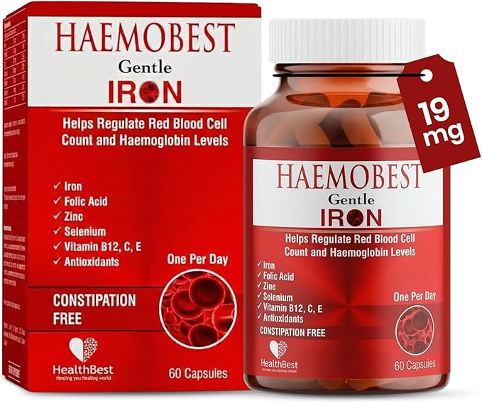 HealthBest High Potency Gentle Iron Capsules 19mg |Slow Release Iron for Faster Absorption, Non-Constipating| Vitamin C, B12, Folate Zinc & Selenium for Anemia, Hemoglobin & Immune Support |60 Count
