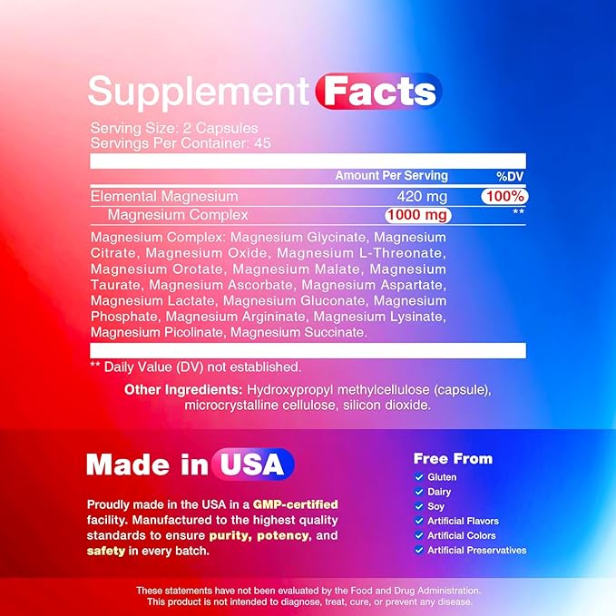 16 in 1 Magnesium Complex, 1000mg Magnesium Complex Supplement for Women with Magnesium Glycinate, Citrate, Orotate, L-Threonate, Malate, Third-Party Tested, Easy-Swallow Vegan Capsules