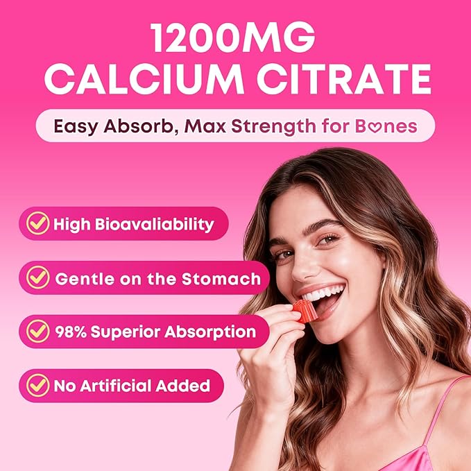 2 Pack Calcium Gummies for Women, Calcium Citrate 1200mg with Vitamin D3 K2, Collagen & Biotin, B0ne, Teeth, Immune & Hormone Support, Sugar Free, Non-GMO, Gluten-Free, Strawberry Flavor, 180 Count