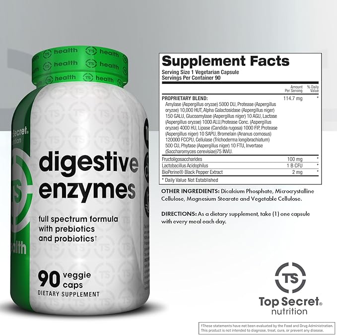 Top Secret Nutrition Digestive Enzymes | Full Spectrum Prebiotics & Probiotics | 10 Enzymes | for Gut Health, Bloating & Nutrient Absorption | 90 Capsules