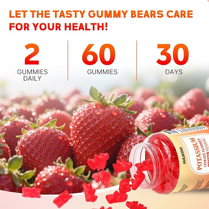 Potassium Citrate Gummies 1200mg for Adults, Women & Men Chewable Potassium Supplement for Muscle Health & Electrolyte Support Sugar Free, Strawberry Flavor, 120 Count