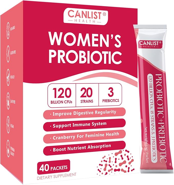 CANLIST Women's Probiotic Powder - 120 Billion CFUs, 20 Strains, Cranberry Extract & 3 Prebiotics, Help for Immune Booster, Digestive Health, Vaginal & Urinary Health, 40 Packets