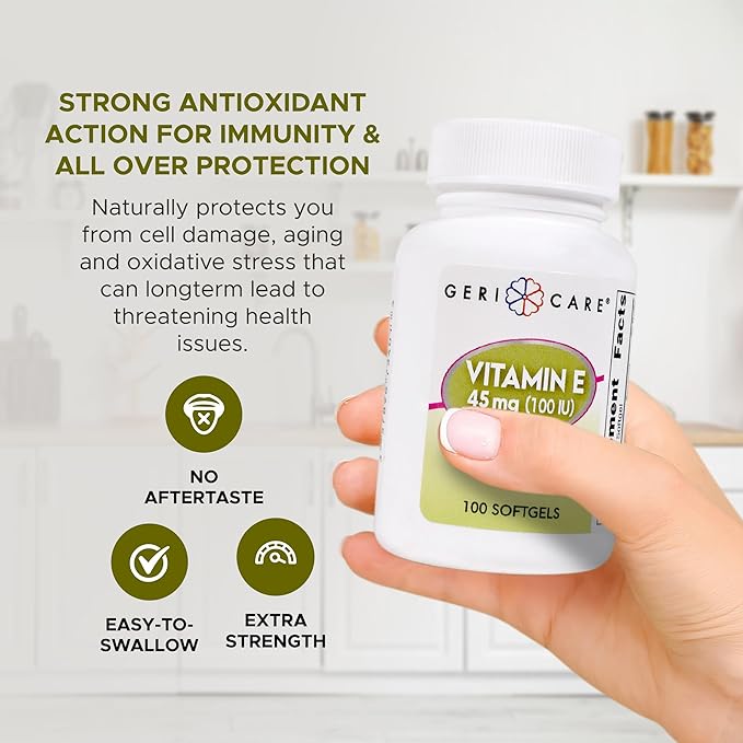 GeriCare High-Potency Vitamin E Capsules – 100 IU for Skin & Immune Support, 45mg | 100 Count | Organic Vitamin E for Women and Men