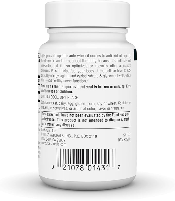 Source Naturals Alpha Lipoic Acid, Timed Release Antioxidant Protection* - 300mg - 30 Vegan Tablets