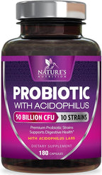 Probiotics for Digestive Gut Health - 50 Billion CFU Per Capsule, 10 Premium Strains & Prebiotics - Best Probiotics for Women & Men, Occasional Constipation, Gas, Immune Health Support - 180 Capsules