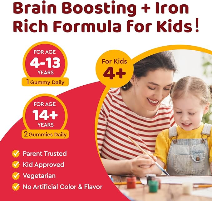 Iron Supplement Gummies for Kids, Kids Multivitamin with Iron Gummies - Zinc, Vitamin B Complex, A, C, D3, B12, Folate for Blood Builder & Energy Support, Iron Deficiency, Vegan Strawberry 120ct