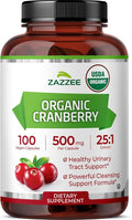 Zazzee USDA Organic Cranberry 25:1 Extract, 500 mg per Capsule, 100 Vegan Capsules, 3+ Month Supply, Certified Kosher, Vaccinium Macrocarpon, Urinary Tract & Bladder Support, Non-GMO, Made in the USA