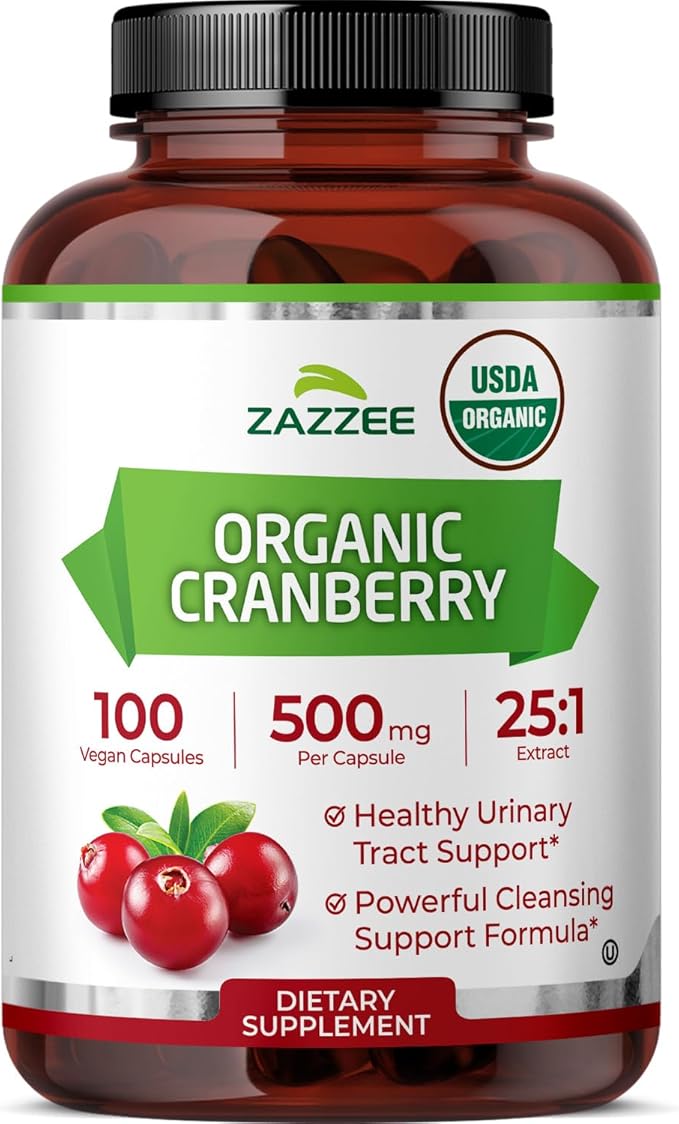 Zazzee USDA Organic Cranberry 25:1 Extract, 500 mg per Capsule, 100 Vegan Capsules, 3+ Month Supply, Certified Kosher, Vaccinium Macrocarpon, Urinary Tract & Bladder Support, Non-GMO, Made in the USA