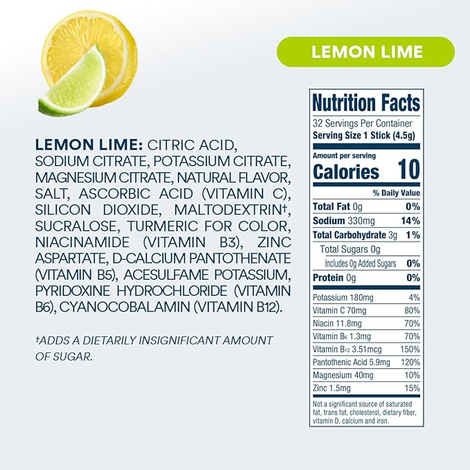 DripDrop Sugar Free Hydration Packets - Zero Lemon Lime - Single Serve Electrolytes Powder Drink Mix - Non-GMO, Gluten Free, Vegan - 32 Sticks