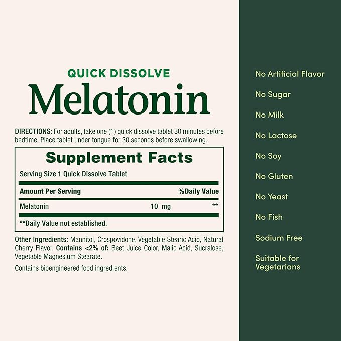 Nature's Bounty Melatonin, 100% Drug Free Sleep Aid, Dietary Supplement, Promotes Relaxation and Sleep Health, 10mg, 45 Quick Dissolve Tablets