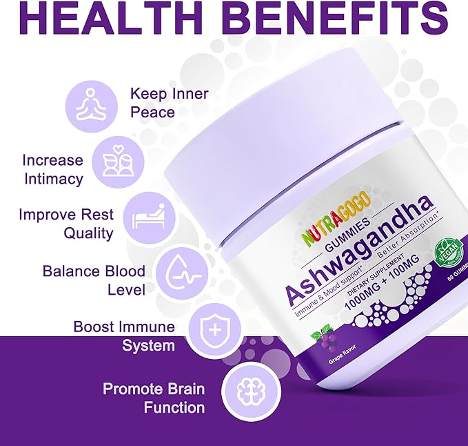 Ashwagandha Gummies & Vitamin D3 Gummies Organic Aswangdha Supplement for Improve Sleep, Stress Relief & Mood Calm (Grape Berry,Non-GMO, Gluten-Free & Sugar Free)-1 Pack