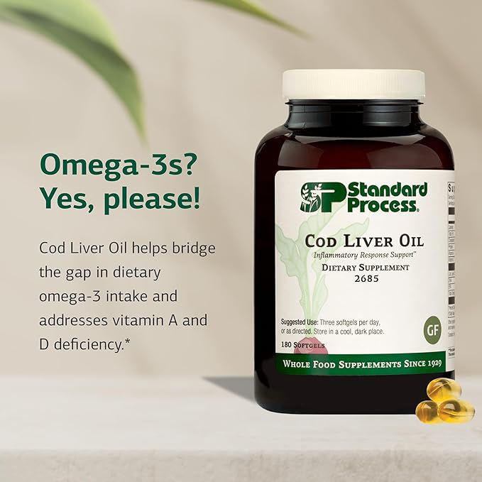 Standard Process Cod Liver Oil - Aids Healthy Skin & Eyes with Omega-3 Fatty Acids & Vitamins A and D - Bone & Tooth Health Support - Gluten-Free, Non-Dairy & Non-Soy - 180 Softgels (60 Servings)