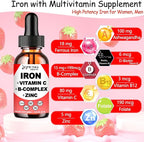 Liquid Iron Supplement w/Vitamin C, A, B-Complex, Vegan Iron Drops High Potency Liquid Vitamin & Iron Supplements for Women, Men & Children -Support Red Blood Cell, Energy, Anemia & Fatigue