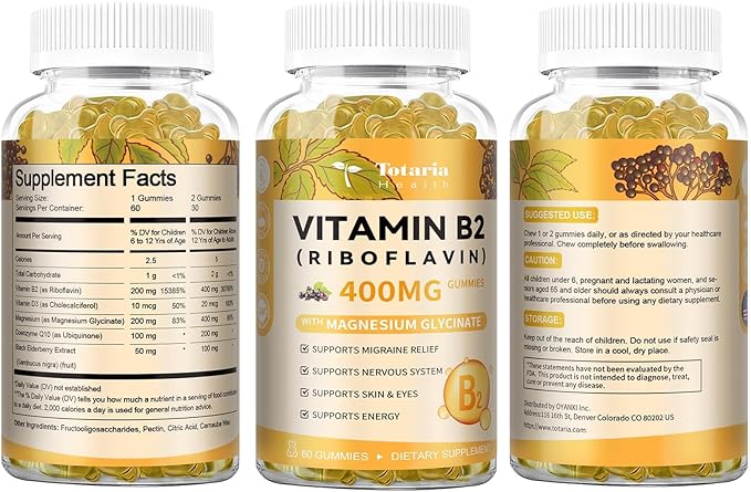 Totaria (2 Packs) Vitamin B2 Gummies, Sugar Free Riboflavin 400mg Supplement for Adults & Kids with Magnesium Glycinate 400mg, COQ10 & Elderberry