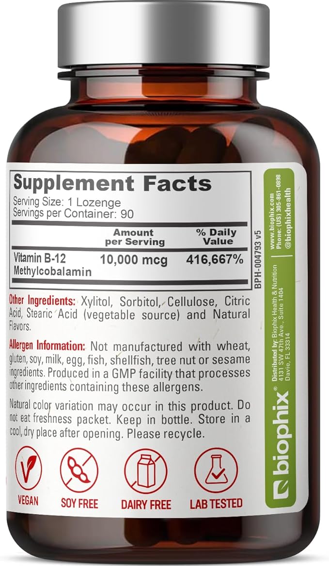 biophix Methyl B-12 10000 mcg 90 Vegan Lozenges Cherry Flavor Extra Strength - Supports Nervous System Immune Health Blood Flow Metabolism Brain Focus Energy