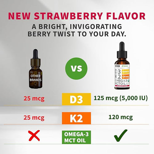 (2 Pack) Organic Vitamin D3 K2 Drops 5000 IU with MCT Oil Omega 3 - Maximum Strength Liquid D3 with No Fillers, Non-GMO for Faster Absorption, Immune Support (Strawberry, 2 Fl Oz)