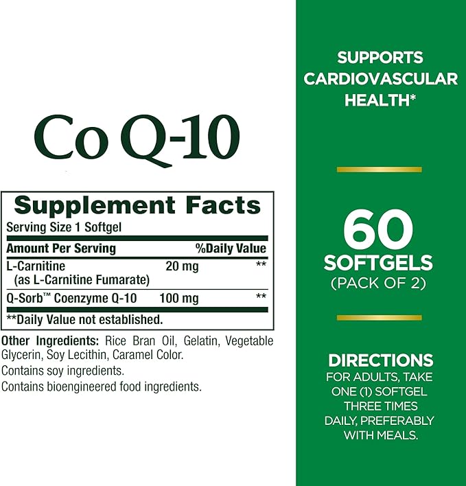 Nature's Bounty CoQ10, Dietary Supplement, Supports Heart Health, 100mg Plus L-Carnitine, Twin Pack, 120 Softgels