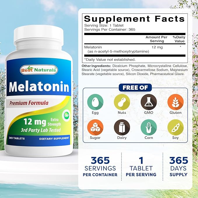Best Naturals Melatonin 12 mg (1 Year Supply) - Drug-Free Nighttime Sleep Aid - Melatonin for Sleep and Relaxation, 365 Count (365 Count (Pack of 1))