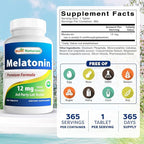 Best Naturals Melatonin 12 mg (1 Year Supply) - Drug-Free Nighttime Sleep Aid - Melatonin for Sleep and Relaxation, 365 Count (365 Count (Pack of 1))