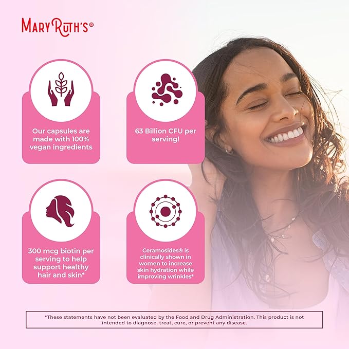 MaryRuth Organics Probiotic Beauty Capsules | Vegan Collagen Support | Anti Aging | Gut Health | Hair Skin and Nails Vitamins | Skin Care | Biotin | Non-GMO Project Verified | 60 Count