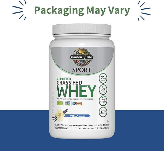 Garden of Life Sport Grass Fed Whey Protein Powder – 24g Whey Protein Isolate for Women & Men with Probiotics & Glutamine,Non-GMO, Gluten-Free,Cold-Processed, Vanilla Flavor, 20 Servings, (Pack of 6)