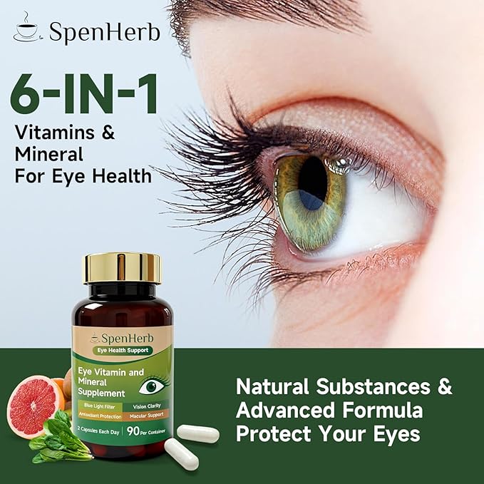 Eye Vitamin and Mineral Supplement Vision Support, 90 Capsules with Lutein and Zeaxanthin Vitamin C E Zinc Copper, Eye Health Supplements for Adults, 2 PCS