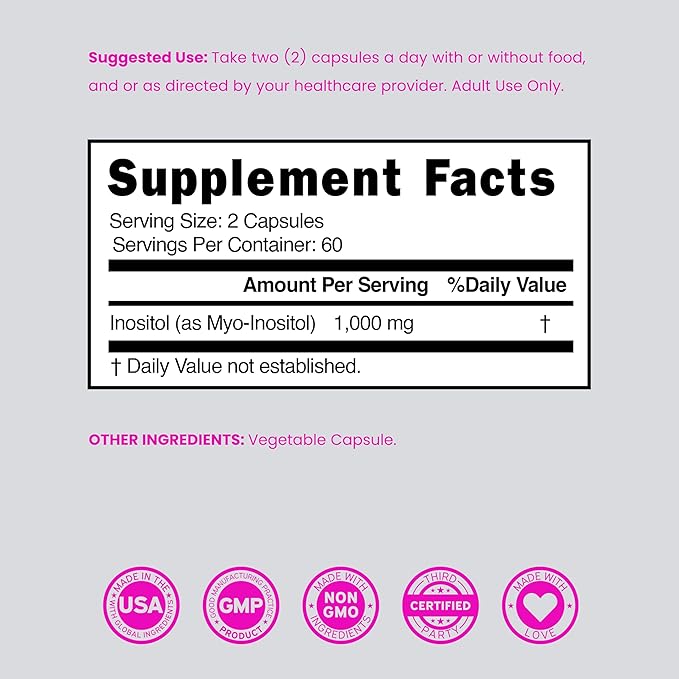 Inositol Capsules (Myo Inositol) (1000mg Per Serving 120 Capsules) Myo Inositol Supplement for Women Hormone Balance Support - Vegan Safe - Third Party Tested - Gluten Free & Made in USA (120 Count)
