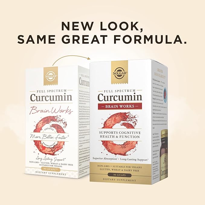 Solgar Full Spectrum Curcumin Brain Works, 90 Licaps - Support Memory Recall, Focus, Cognitive Function - Antioxidant Support - Curcumin, BacoMind, Choline, Vitamin B12 - Non-GMO, Vegan - (Pack of 2)