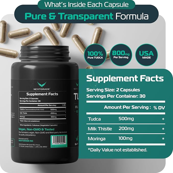 TUDCA 500mg Bile Salts Liver Support Supplement with Milk Thistle (200mg) & Moringa (100mg) - Supports Liver, Bile Flow, Gut Health & Gallbladder - Made in USA 60 Capsules, eBook Included