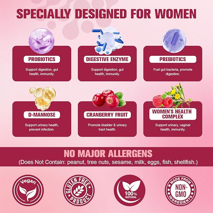 Totaria Probiotics for Women, 120 Billion Women Probiotic, with Akkermansia, Digestive Enzymes & Prebiotics, Cranberry, D-Mannose, for Gut, Vaginal, Urinary, Immune, PH Balance, 120 Vegan Capules