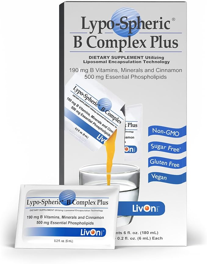 LivOn Laboratories Lypo–Spheric B Complex Plus – 30 Packets – 195 mg B Vitamins, Minerals & Cinnamon Per Packet – Liposome Encapsulated for Improved Absorption – 100% Non–GMO