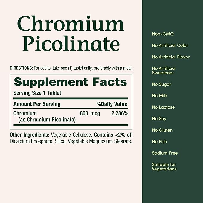 Nature's Bounty Chromium Picolinate, Supports Fat, Protein & Sugar Metabolism, Mineral Supplement, 800 mcg, 50 Tablets