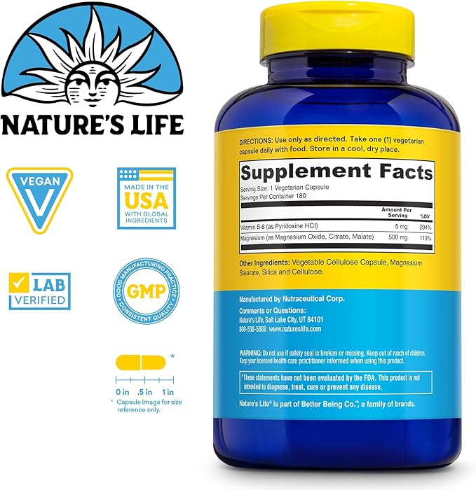 Natures Life Renewing Magnesium 500 mg - Plus Vitamin B-6 - Muscles and Nerves Support - Lab Verified (180 Servings, 180 VegCaps)