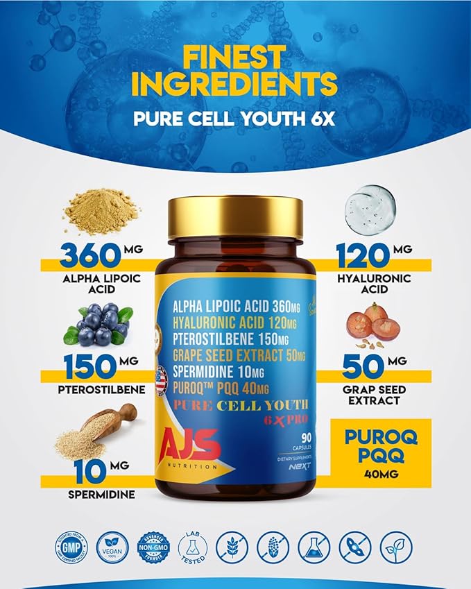 AJS Pure Cell Youth 6X PRO, 90 Capsules -PQQ 40mg, R-Lipoic Acid 360mg, Sodium Hyaluronate 120mg, Pterostilbene 150mg, Grape Seed Extract 50mg, Spermidine 10mg