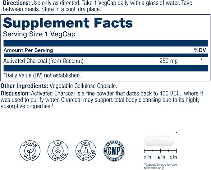 SOLARAY Activated Charcoal Supplement - 280mg per Serving, Coconut Source, for Men & Women, Inner Cleansing & Digestive Tract Support for Adults, Non-GMO, Vegan, & Lab Verified - 90 Count VegCaps