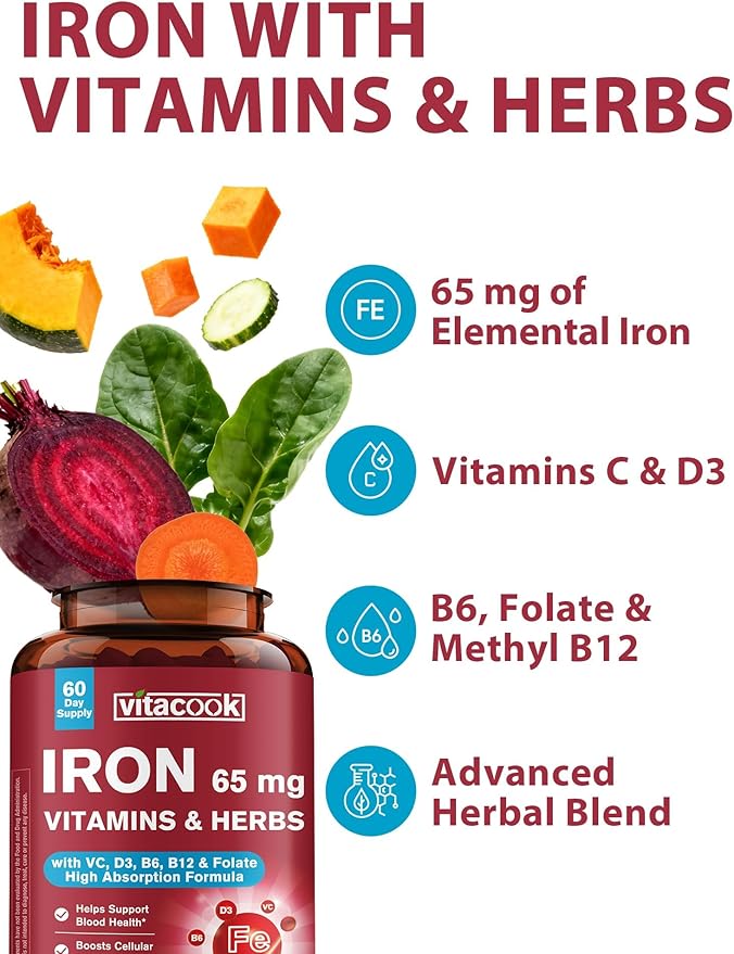 Iron Supplement 65mg, with Vitamin C, D3, B6, B12 & Folate, Spinach, Broccoli, Beet Root, Pumpkin Seeds, Dandelion & Carrots, Blood Building & Energy Support, 60 Tablets