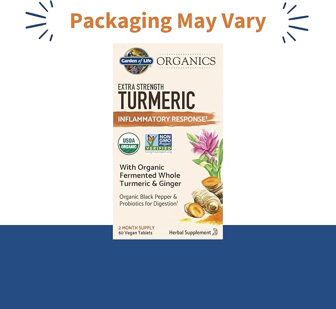 Garden of Life Organics Extra Strength Turmeric Inflammatory Response 60 Tablets-100mg Curcumin (95% Curcuminoids) Black Pepper, Probiotics, Organic Non-GMO Vegan Gluten Free Herbal Supplement
