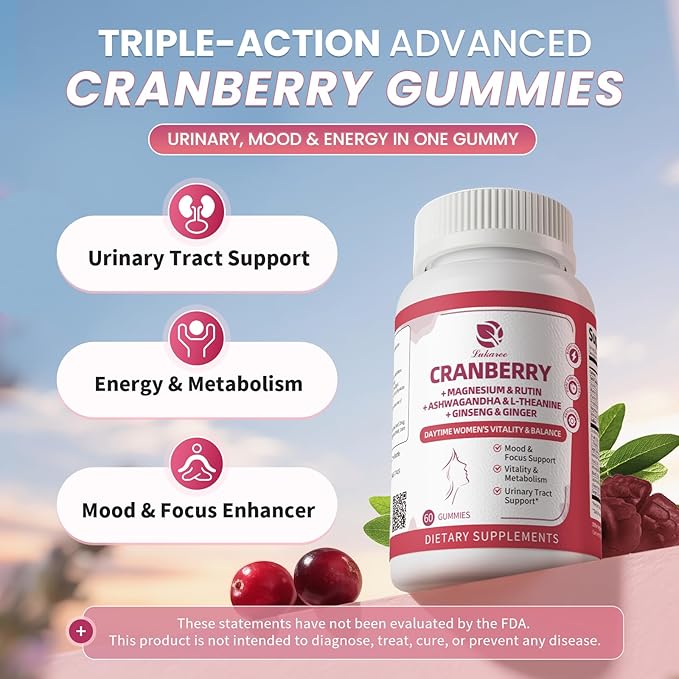 Lukaree Cranberry Gummies for Women – Cranberry Supplement Complex with D-Mannose, Ashwagandha, Magnesium, Ginseng – Urinary Tract, Mood & Energy Support – Daytime Vitality Supplement – 60 Count
