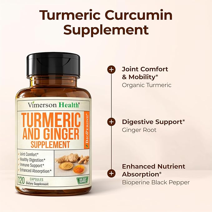 Turmeric Curcumin Supplement with Ginger Root for Joint Support, Digestive & Gut Health - Contains Organic Turmeric Curcumin with Black Pepper (Bioperine) for Enhanced Absorption - 120 Capsules