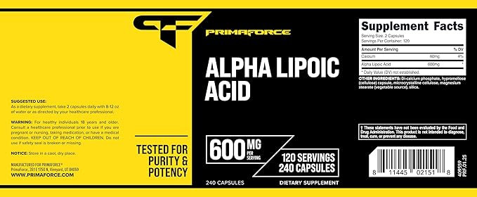 Primaforce Alpha Lipoic Acid 600mg Per Serving, 240 Capsules, 120 Servings