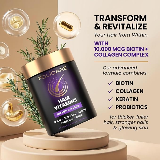 Biotin Hair Growth Supplement with Collagen, Keratin, and Probiotics – Hair Growth Support, Skin & Nails Supplement for Men and Women – Supports Thicker, Stronger Hair – Made in USA (3 Pack)