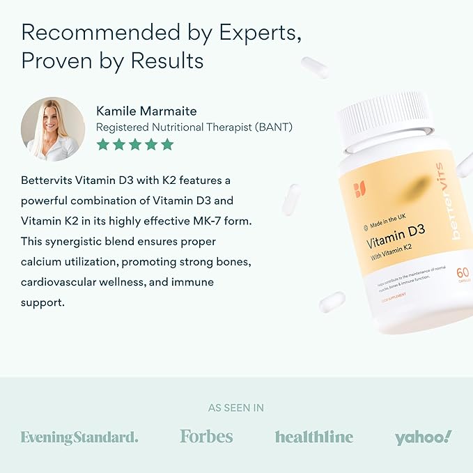 Bettervits Vitamin D3 5000 IU for Women and Men | with High Strength K2 Vitamins for Immune Support and Bone Health | Vitamin D Supplements with Calcium Absorption | 60 Vegetarian Capsules