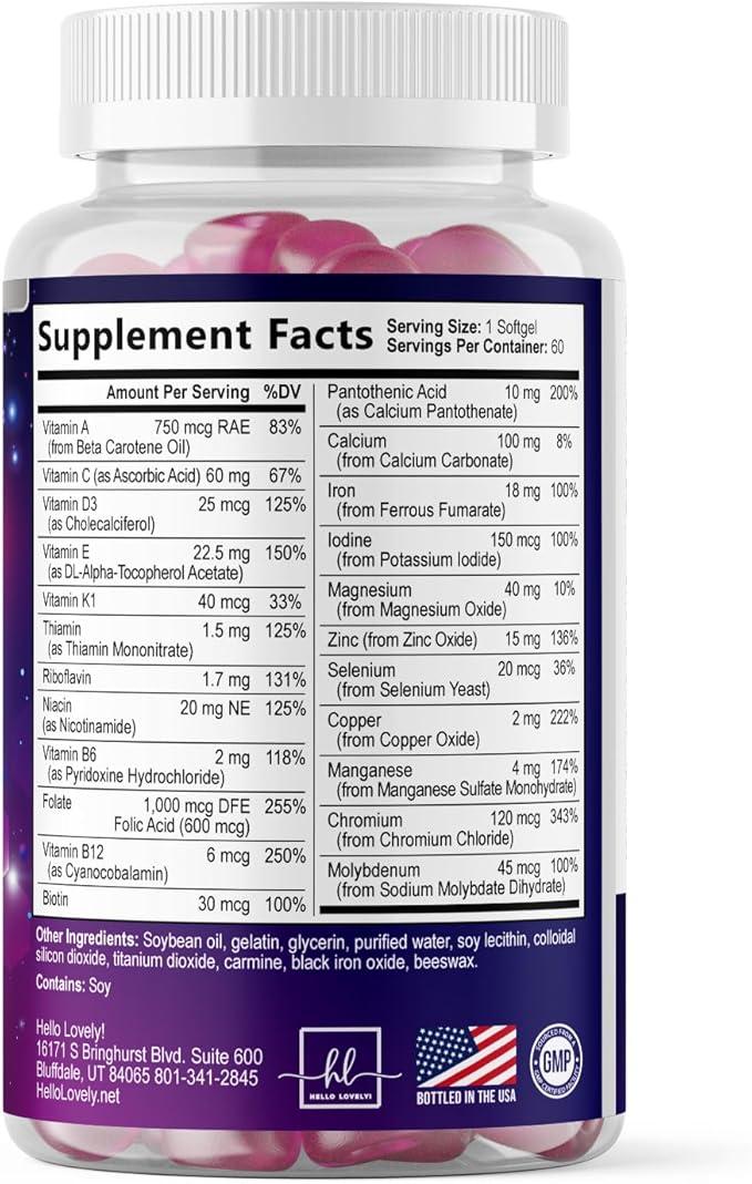 Multivitamin For Women - Complete Daily Woman's Multivitamins with Biotin, Calcium, Folic Acid, Iron, Zinc, Vitamin A, C, D, E & B Vitamins, Women's Hair Skin and Nails Supplements - 60 Softgels