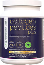 Greensential Collagen Peptides Plus Powder 21oz | + Acerola Vitamin C & Hyaluronic Acid | 100% Hydrolyzed Grass-Fed | Hair, Skin, Nail & Joint Support | Easy to Mix, Unflavored, 28 Servings