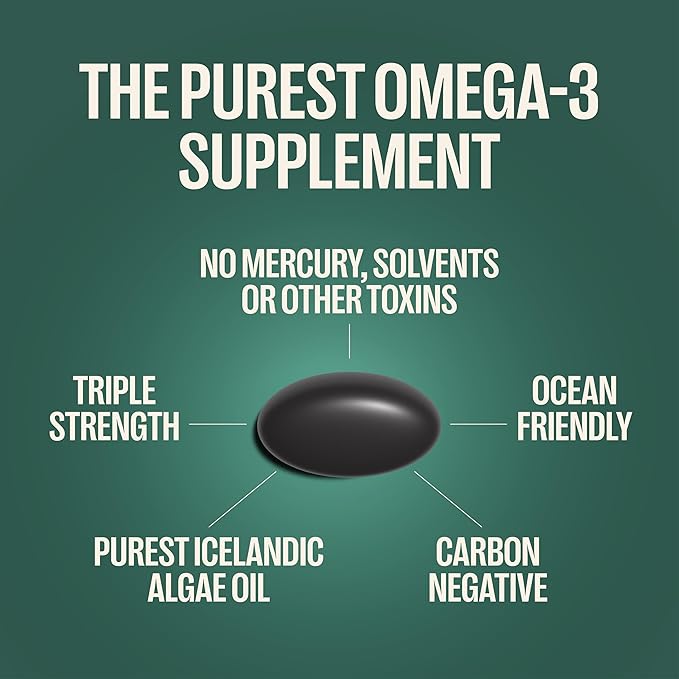 Orlo Vegan Omega 3 Algae Oil 1000mg - Natural Icelandic Nordic Omega-3 EPA & DHA Supplement - Fish Oil & Krill Alternative for Heart & Brain – 60 Easy-to-Swallow Burpless Mini Softgels & Jar