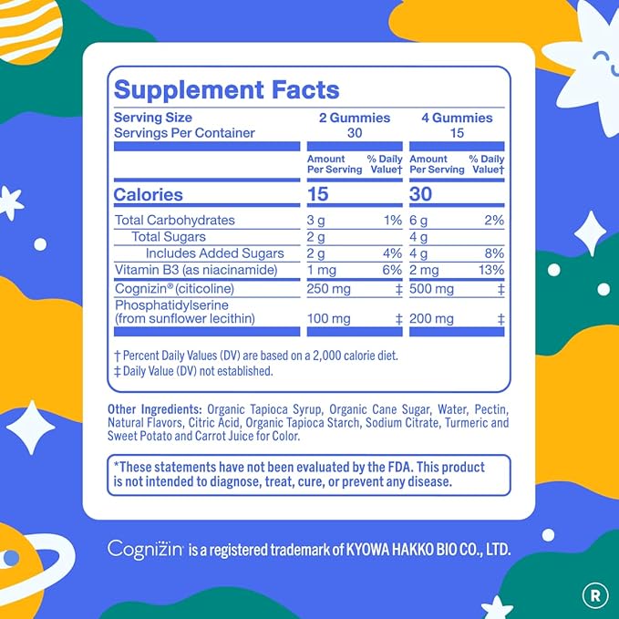 FIRST DAY Kids Focus & Brain Supplement Gummies Ages 4+ | Attention & Calm Support with Cognizin® Citicoline & Phosphatidylserine | Organic, Vegan | 30-Day Supply