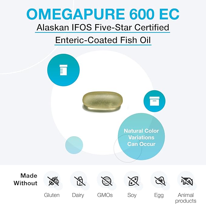 XYMOGEN OmegaPure 600 EC - Cardiovascular & Brain Support - IFOS Five-Star Certified Fish Oil - DHA EPA Omega-3 Supplement - Enteric Coated Softgels - 120 Softgel Tablets